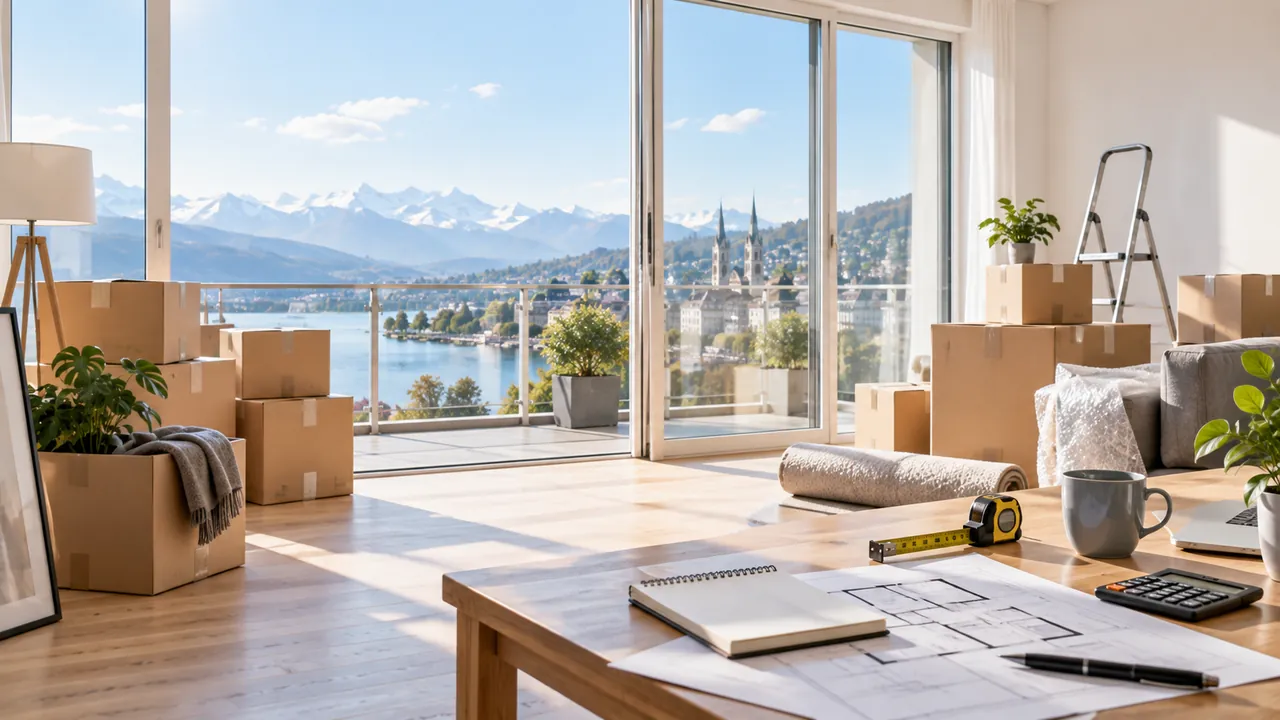 Helle Wohnung mit Umzugskartons und Planungsunterlagen