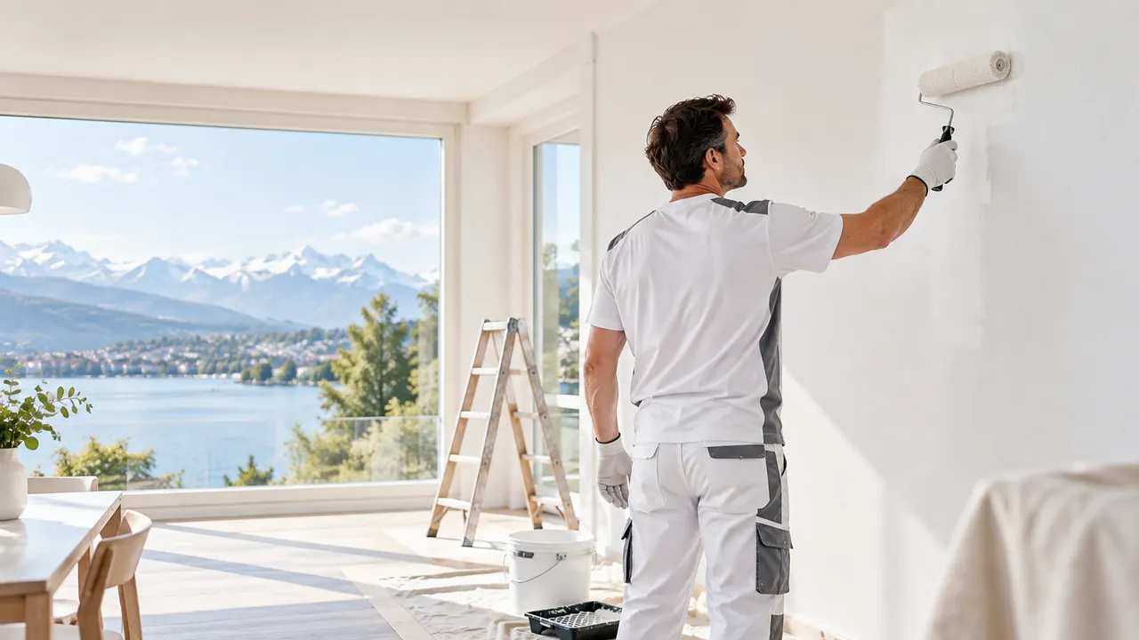 Maler streicht eine Innenwand